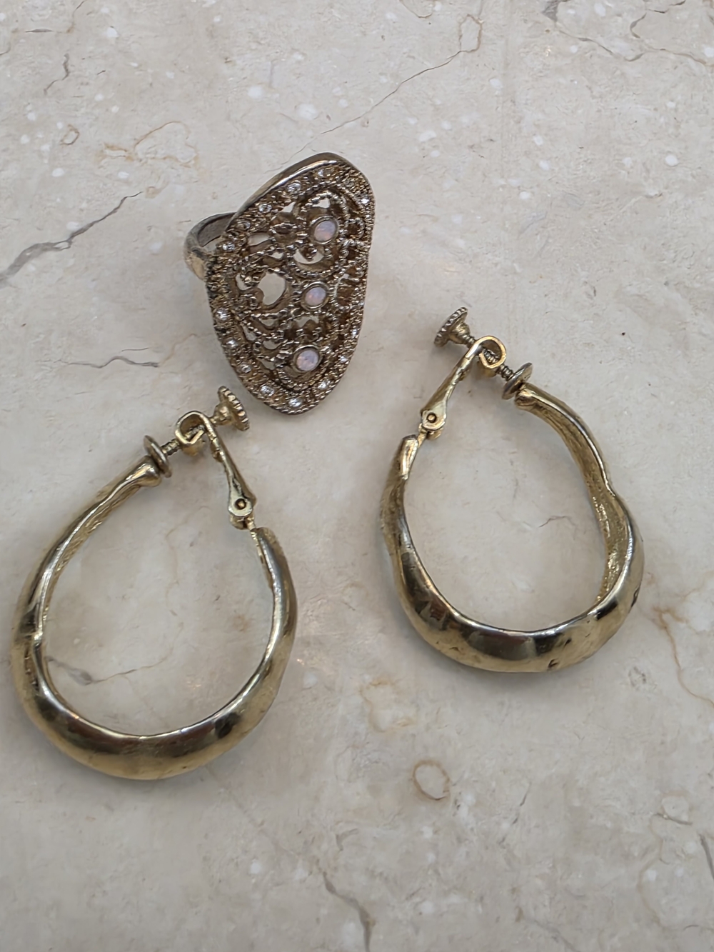 Gold Hoop Earrings and Filigree Ring Set - Women Jewelry